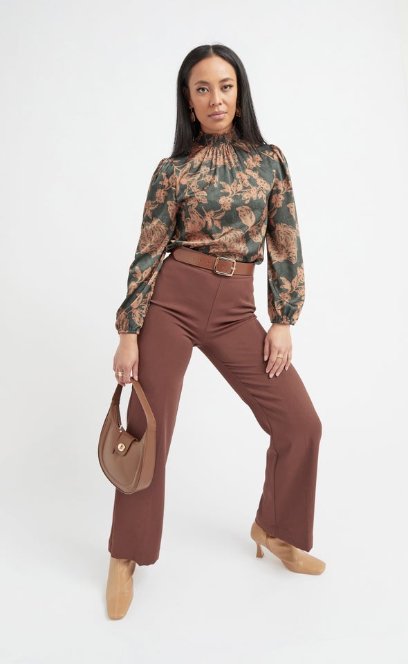 Satin Shirred High Neck LS Top Emerald/tan