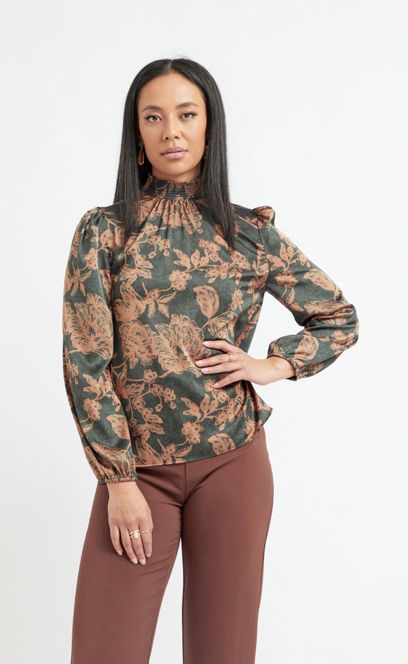 Satin Shirred High Neck LS Top Emerald/tan