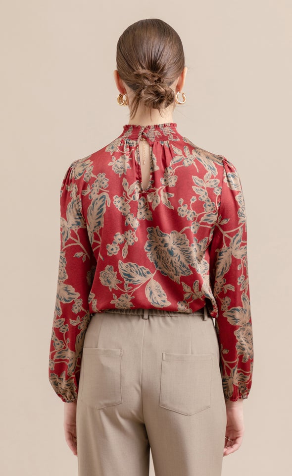 Satin Shirred High Neck LS Top Maroon/tan