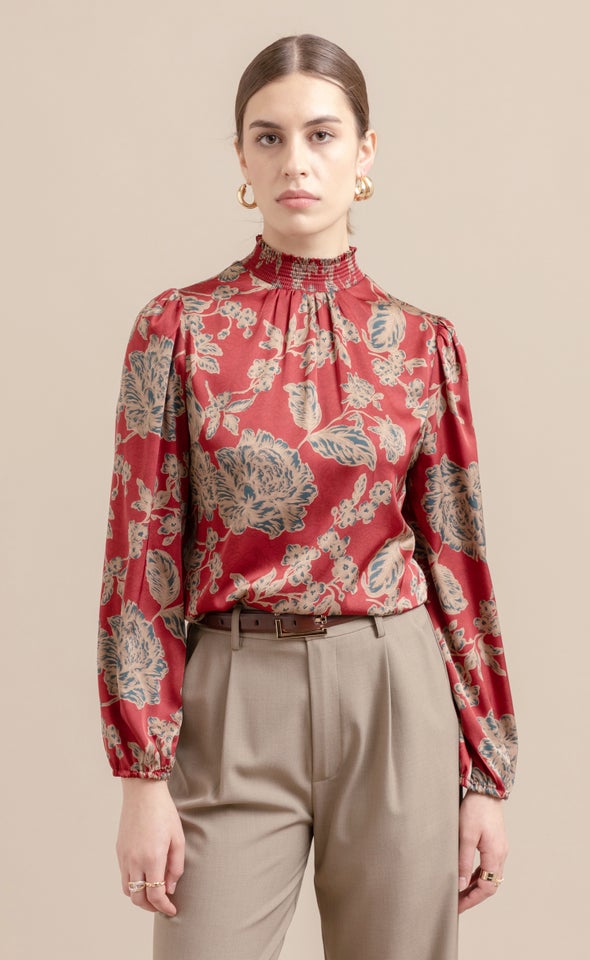 Satin Shirred High Neck LS Top Maroon/tan