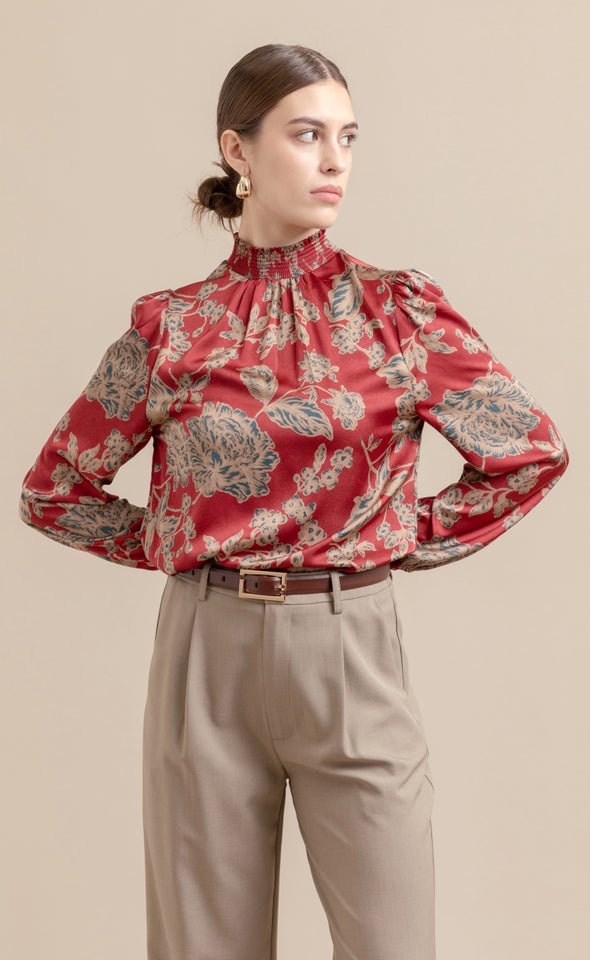 Satin Shirred High Neck LS Top Maroon/tan