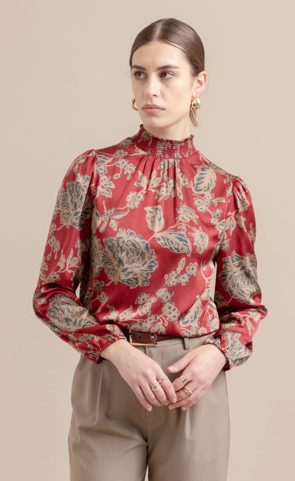 Satin Shirred High Neck LS Top Maroon/tan