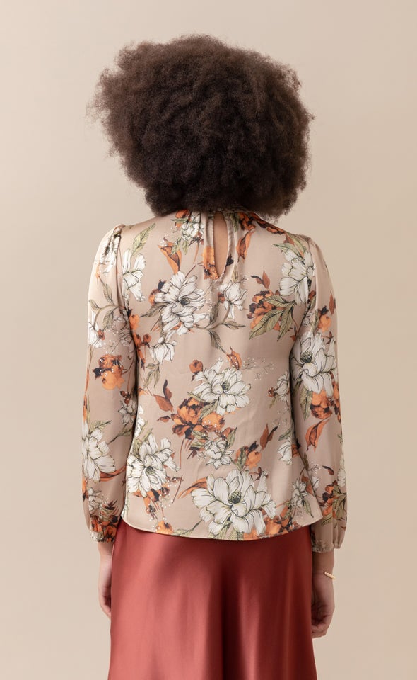 Satin Shirred High Neck LS Top Tan/floral