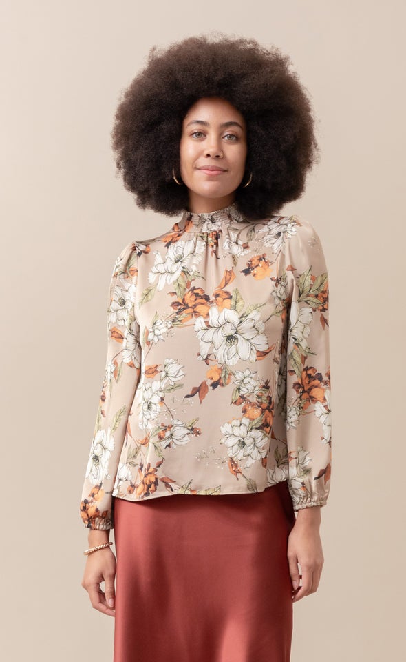 Satin Shirred High Neck LS Top Tan/floral