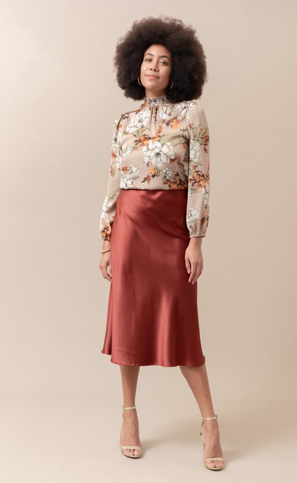 Satin Shirred High Neck LS Top Tan/floral
