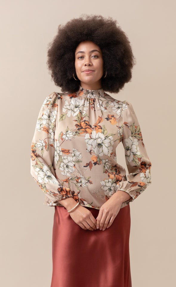 Satin Shirred High Neck LS Top Tan/floral