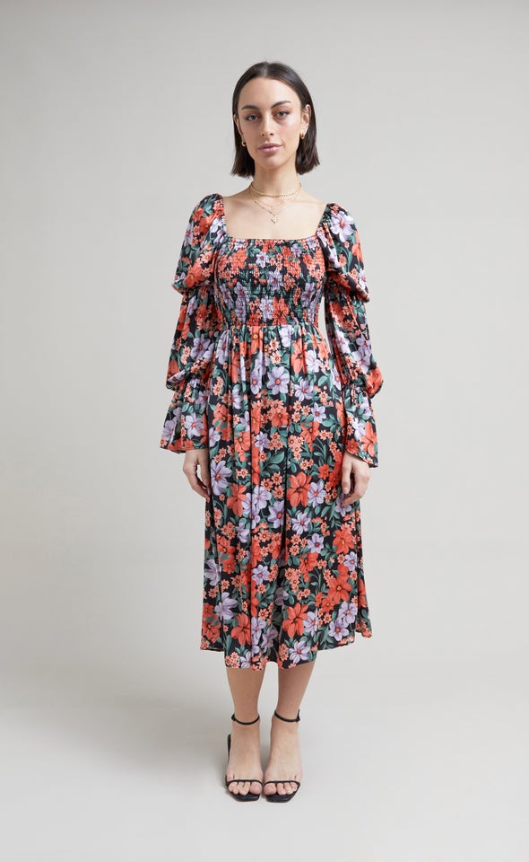 Satin Shirred Puff Sleeve Dress Black/floral