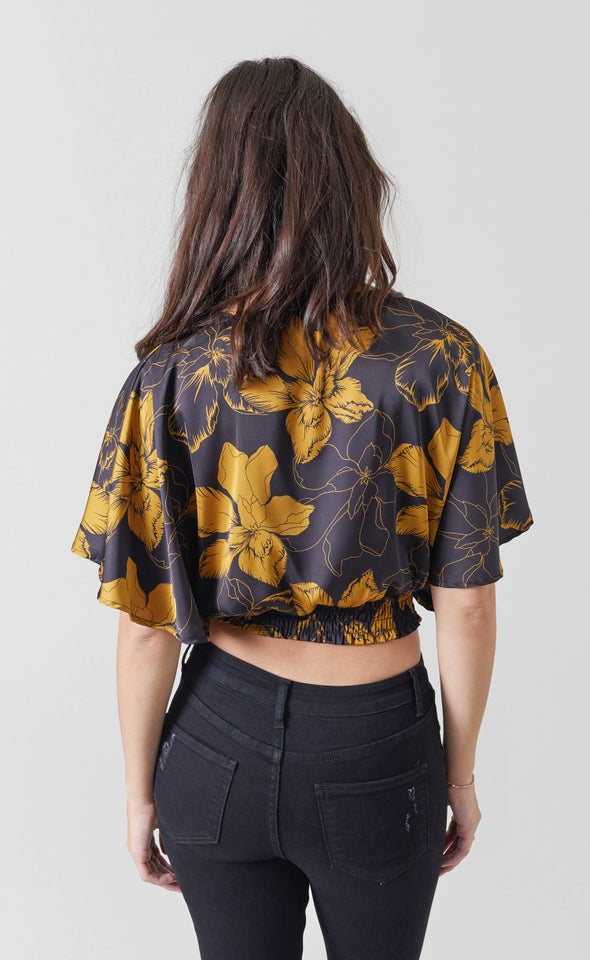 Satin Shirred Waist Kimono Top Black/mustard