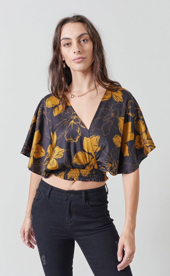 Satin Shirred Waist Kimono Top Black/mustard