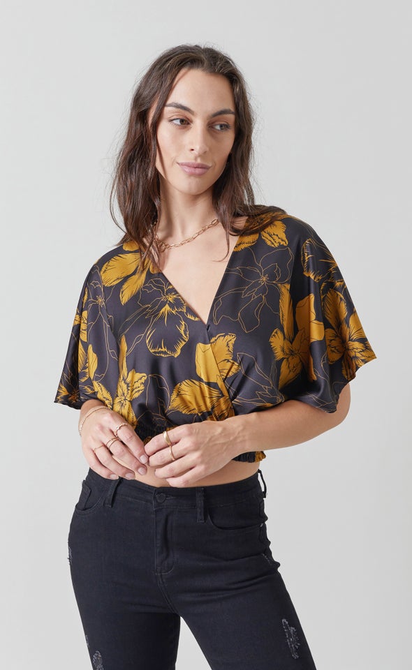 Satin Shirred Waist Kimono Top Black/mustard