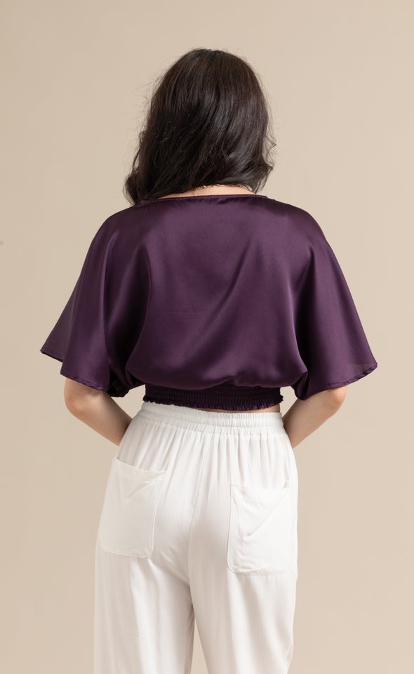 Satin Shirred Waist Kimono Top Dark Purple