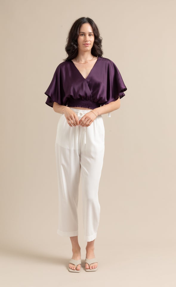 Satin Shirred Waist Kimono Top Dark Purple