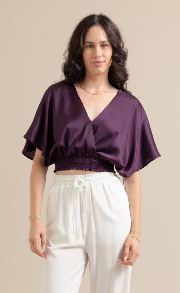 Satin Shirred Waist Kimono Top Dark Purple