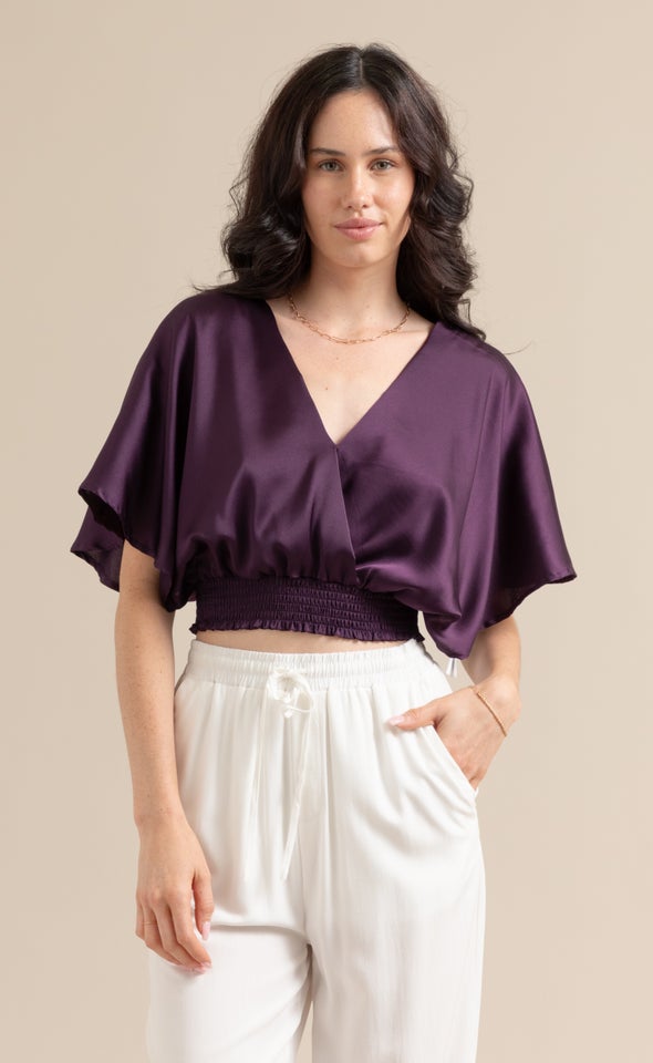 Satin Shirred Waist Kimono Top Dark Purple