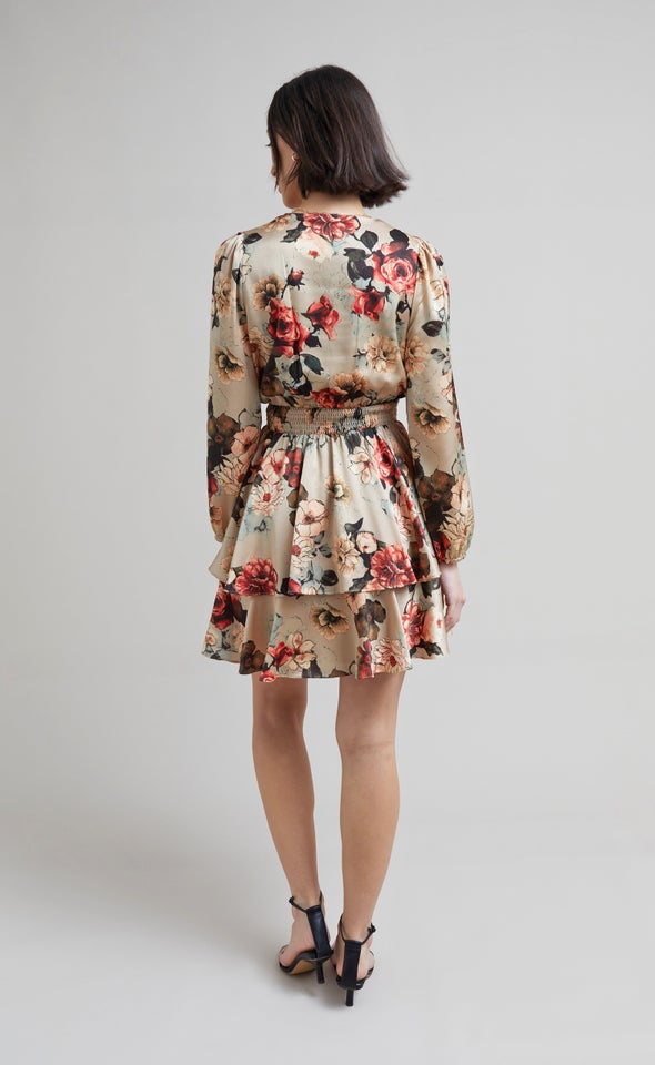 Satin Shirred Waist LS Dress Beige/floral