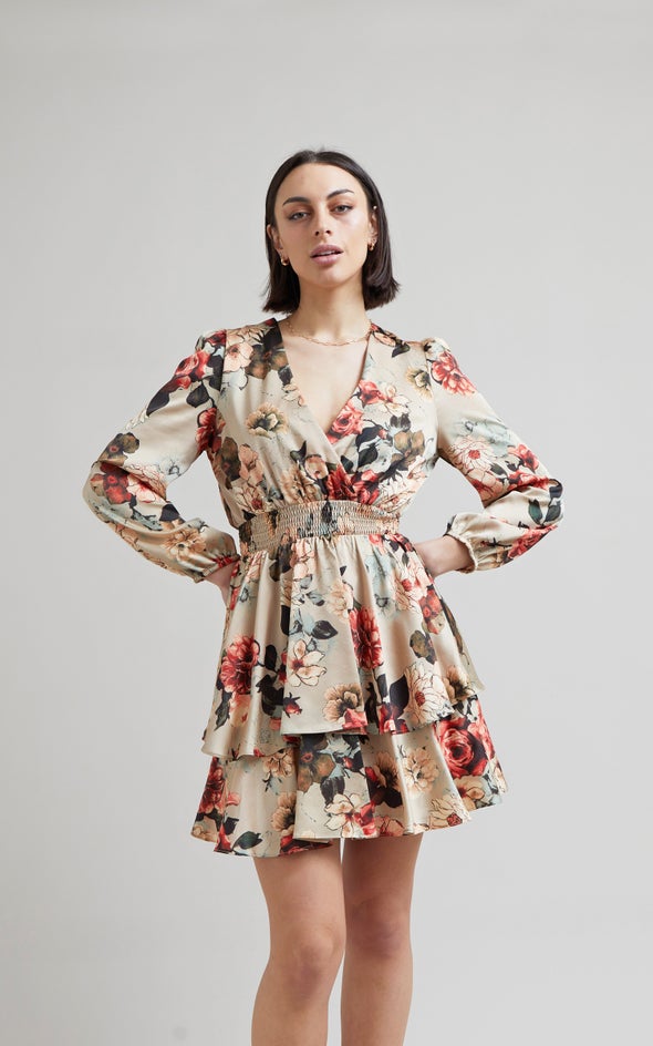 Satin Shirred Waist LS Dress Beige/floral