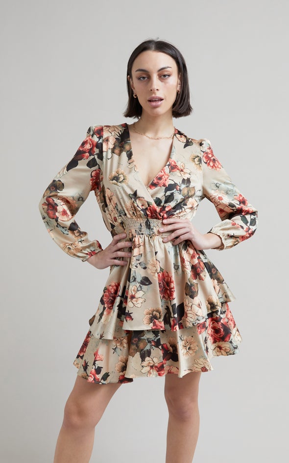 Satin Shirred Waist LS Dress Beige/floral