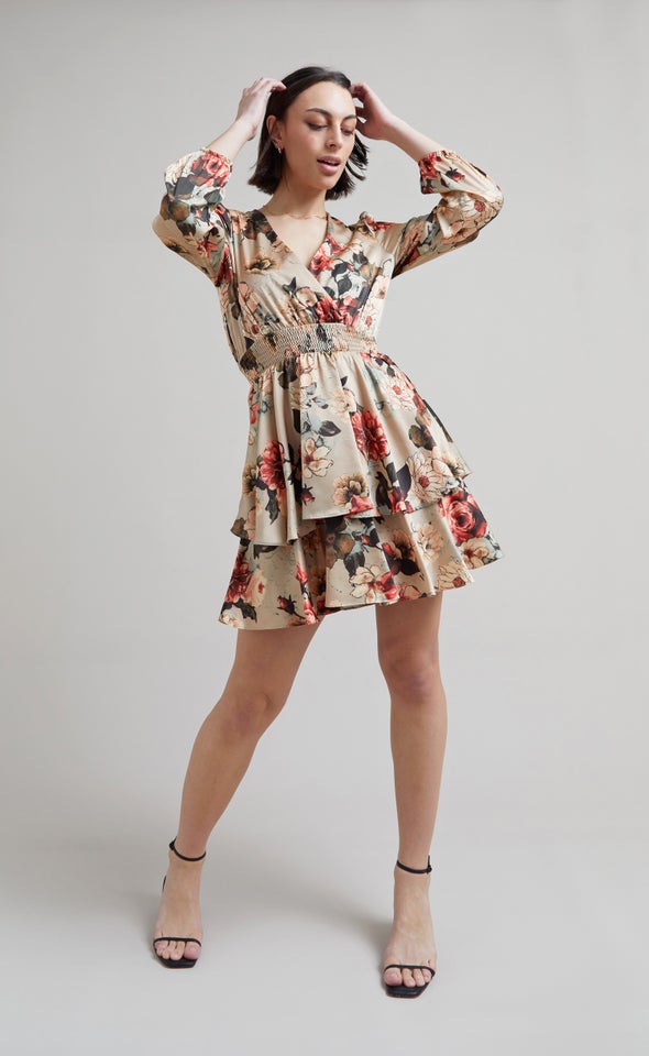 Satin Shirred Waist LS Dress Beige/floral