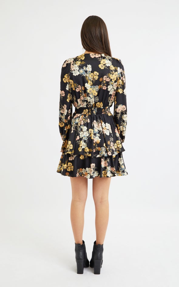 Satin Shirred Waist LS Dress Black/floral