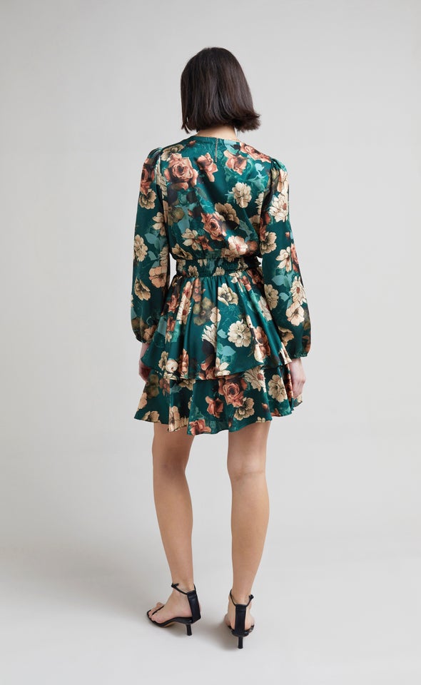 Satin Shirred Waist LS Dress Green/floral