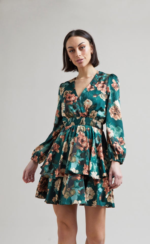 Satin Shirred Waist LS Dress Green/floral