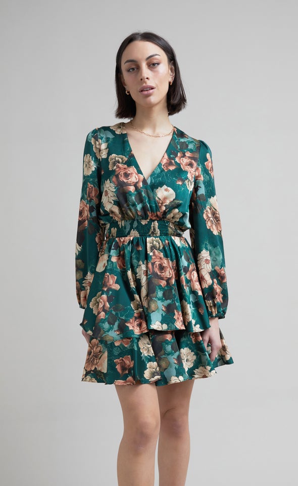 Satin Shirred Waist LS Dress Green/floral