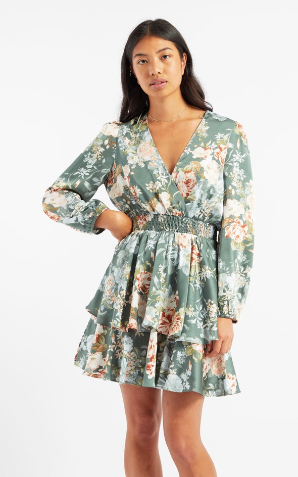 Satin Shirred Waist LS Dress Green/floral