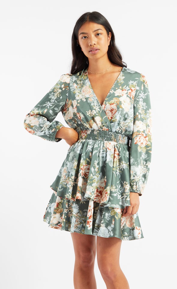 Satin Shirred Waist LS Dress Green/floral