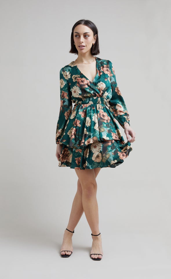Satin Shirred Waist LS Dress Green/floral