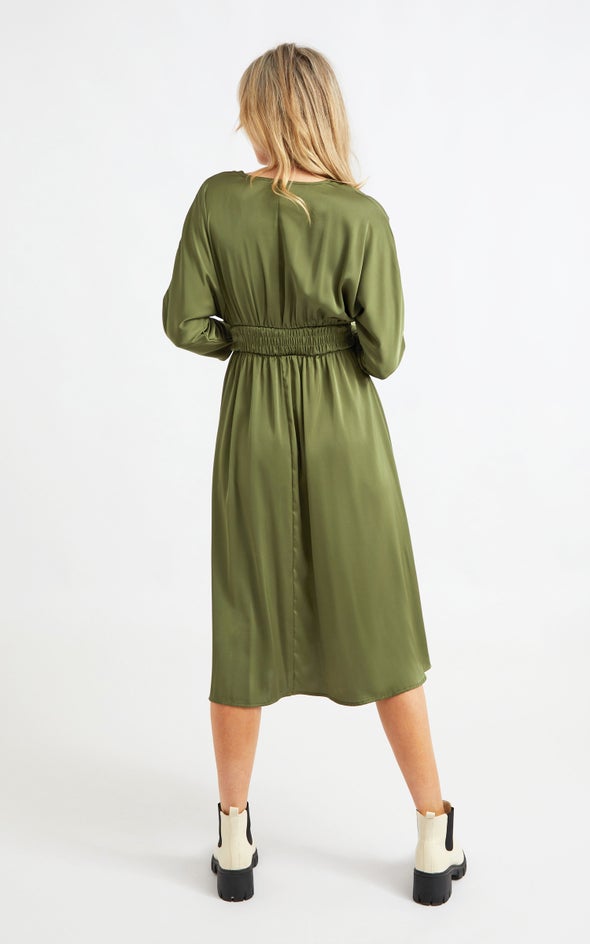 Satin Shirred Waist Midi Dress Olive Green