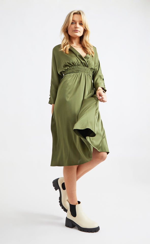 Satin Shirred Waist Midi Dress Olive Green