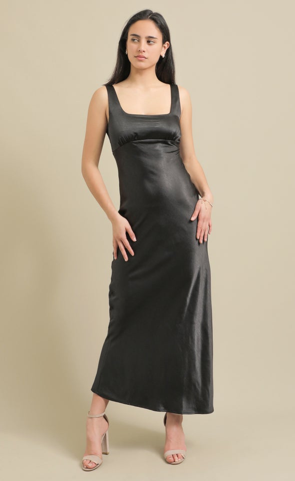 Satin Square Neck Bias Gown Black