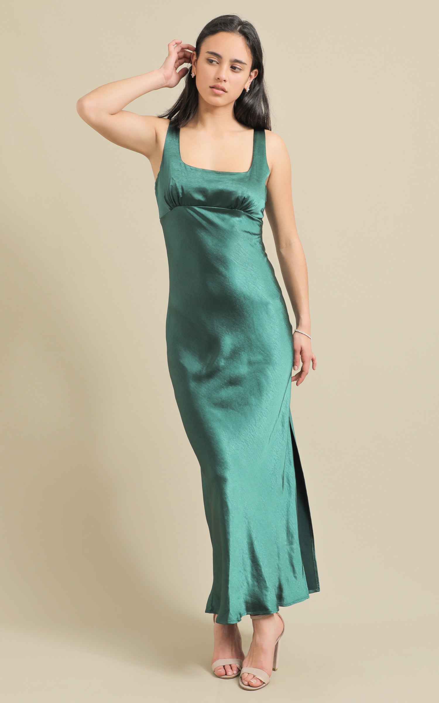 Shop our Satin Square Neck Bias Gown in Emerald | Pagani