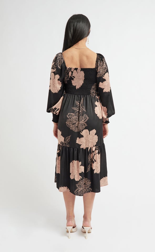 Satin Square Neck Shirred Midi Dress Black/blush