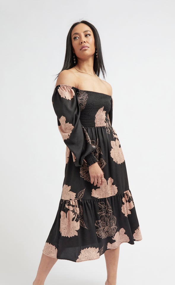 Satin Square Neck Shirred Midi Dress Black/blush