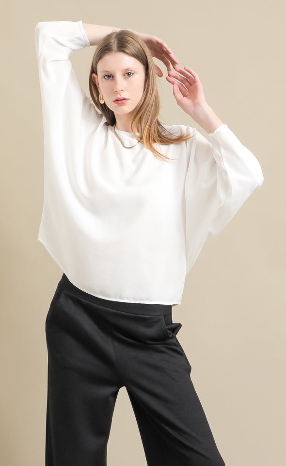 Satin Tapered Sleeve Batwing Top Cream
