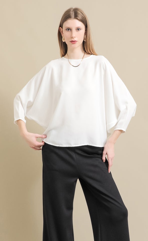 Satin Tapered Sleeve Batwing Top Cream