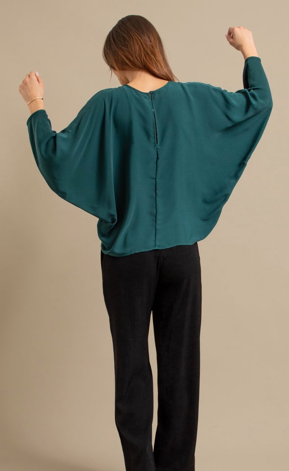Satin Tapered Sleeve Batwing Top Emerald