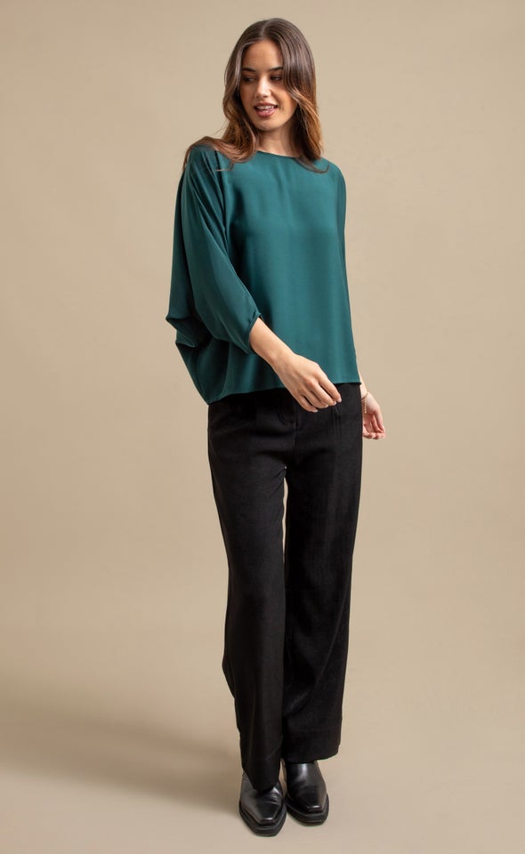 Satin Tapered Sleeve Batwing Top Emerald