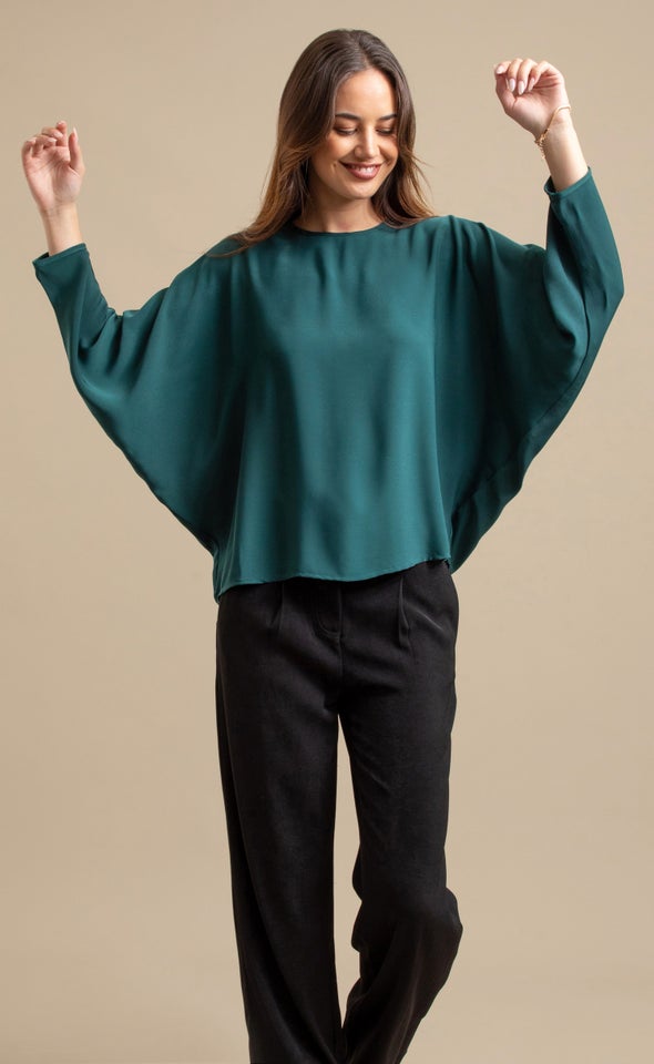 Satin Tapered Sleeve Batwing Top Emerald