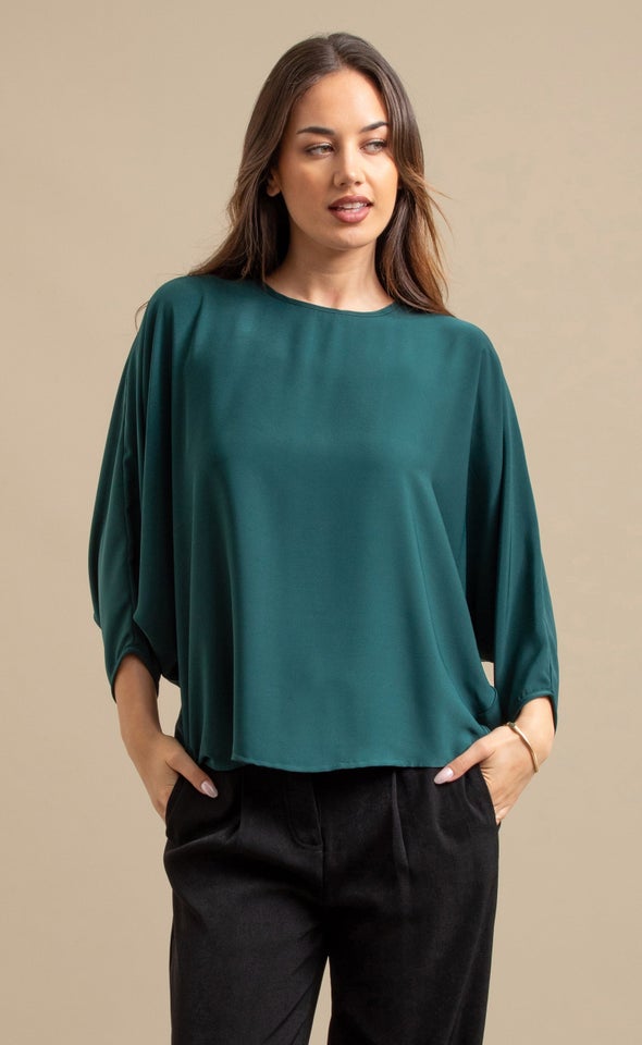 Satin Tapered Sleeve Batwing Top Emerald