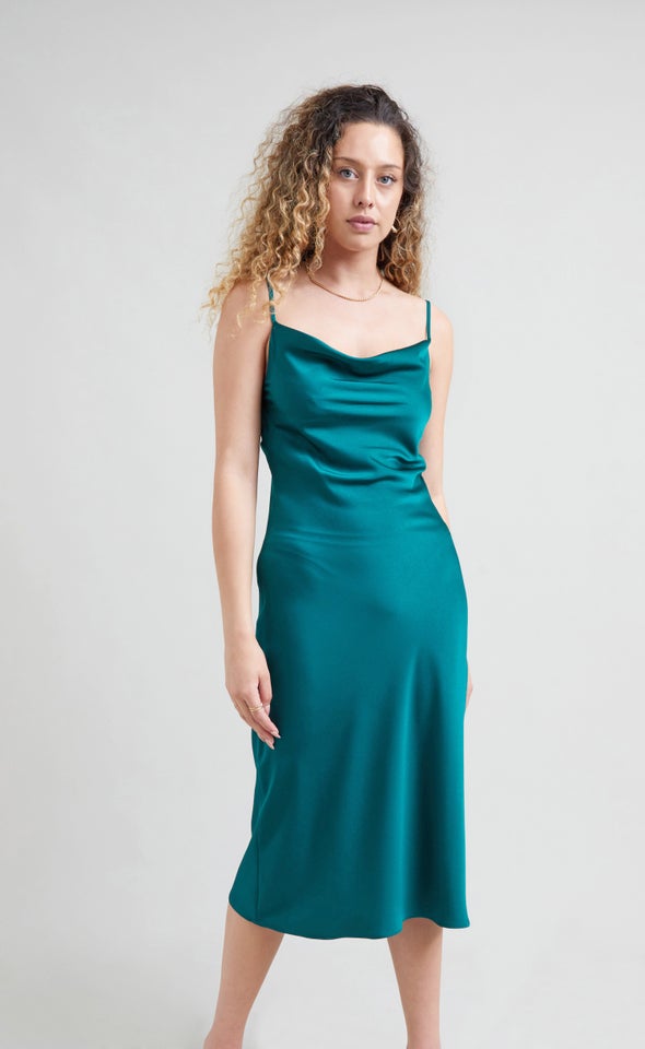 Satin Tie Back Bias Slip Dress Emerald