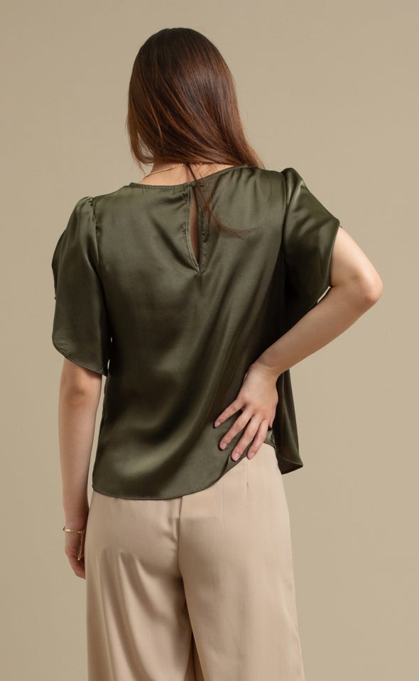 Satin Tulip Sleeve Top Olive