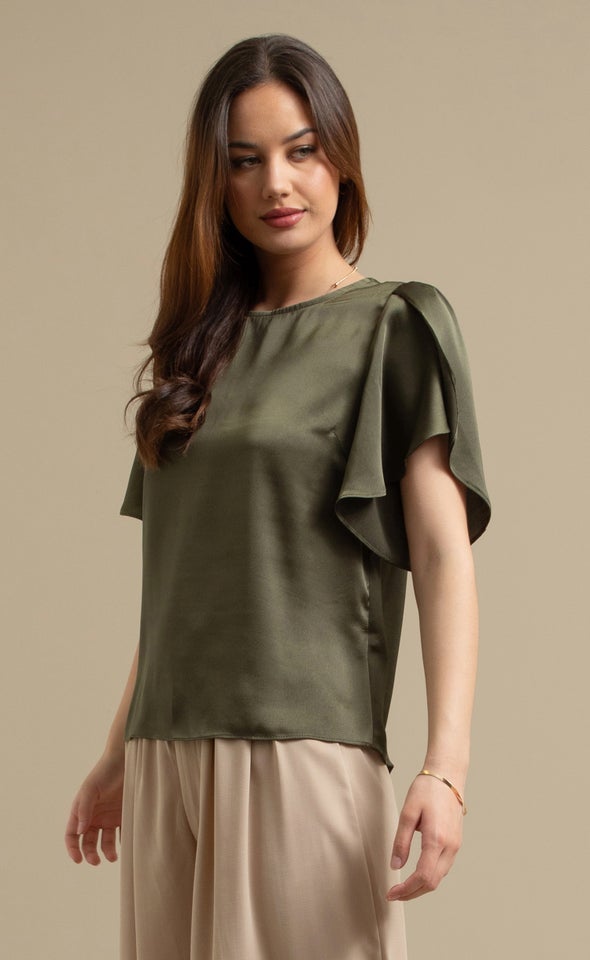 Satin Tulip Sleeve Top Olive
