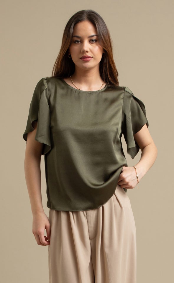 Satin Tulip Sleeve Top Olive