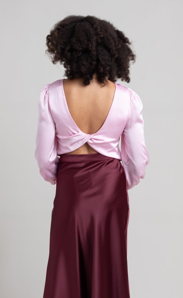 Satin Twist Back LS Top Baby Pink