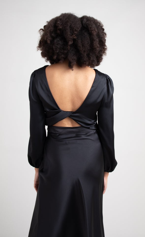 Satin Twist Back LS Top Black