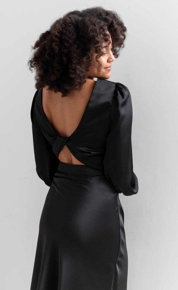 Satin Twist Back LS Top Black