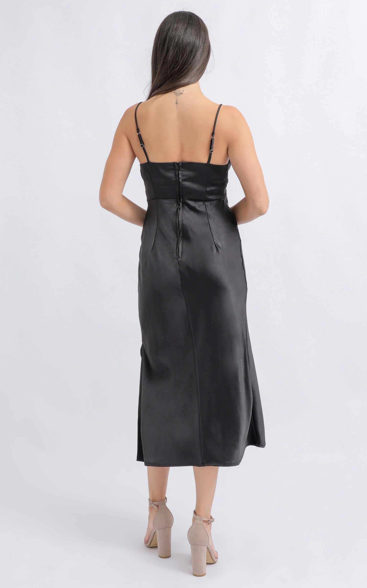 Shop our Satin V Neck Bias Slip Dress in Black | Pagani
