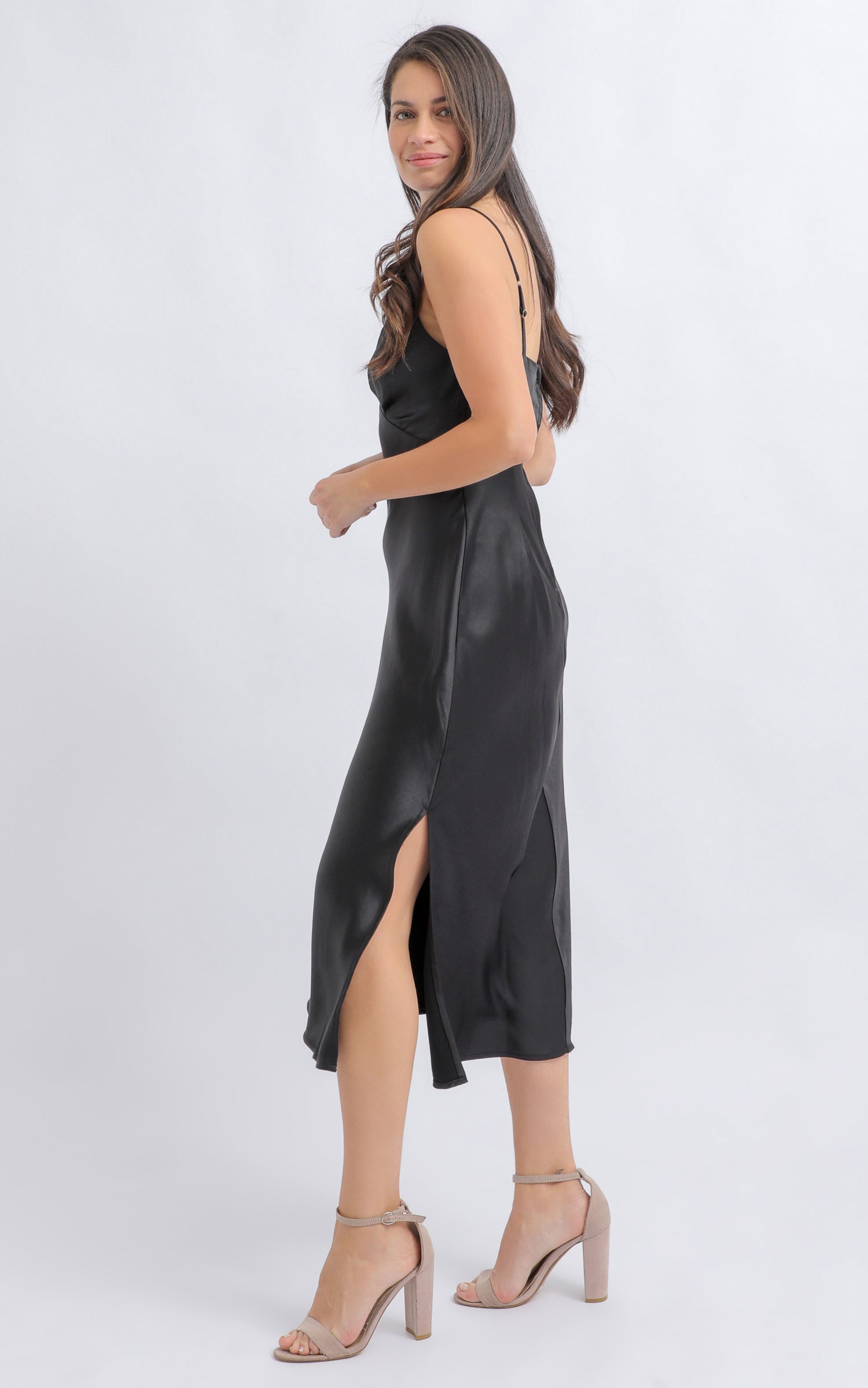 Shop our Satin V Neck Bias Slip Dress in Black | Pagani